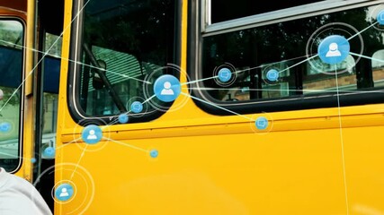 Animation of connections over caucasisan male bus driver using smartphone - Powered by Adobe