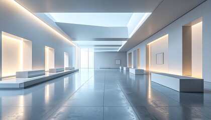 Minimalist gallery space featuring glowing geometric structures and soft gradients blending into seamless depth