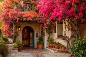 Fototapeta premium Bougainvillea Adorned House Entrance with Wooden Doorway and Brick Path in Mediterranean Style Architecture