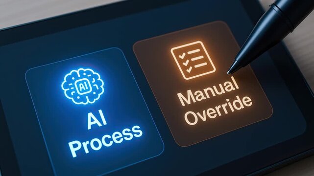 AI process button manual override option digital interface stylus pen technology concept showing choice between automation and manual control with decision making options on futuristic screen
