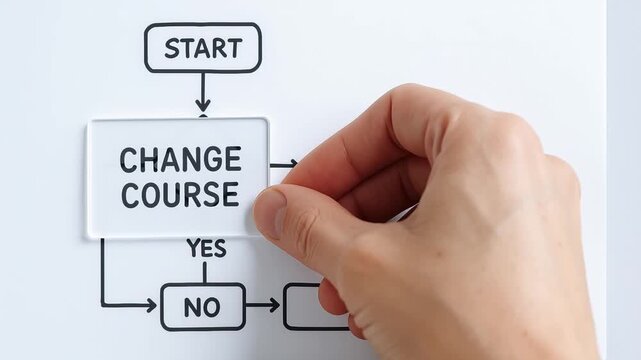 Change course concept with hand holding transparent card over flowchart decision diagram showing start yes no options symbolizing new direction choice and flowchart decision making process with yes