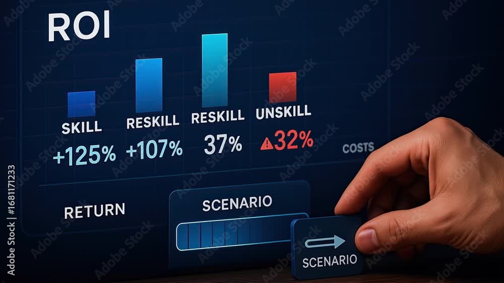 Aufkleber roi skill reskill unskill return scenario with hand pressing button on digital screen showing percen