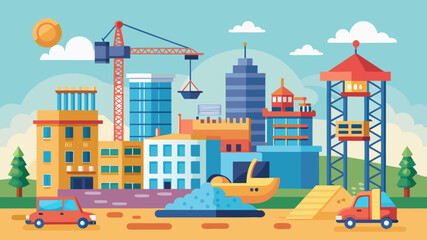 Vector art of construction site with crane and building in flat style vector illustration