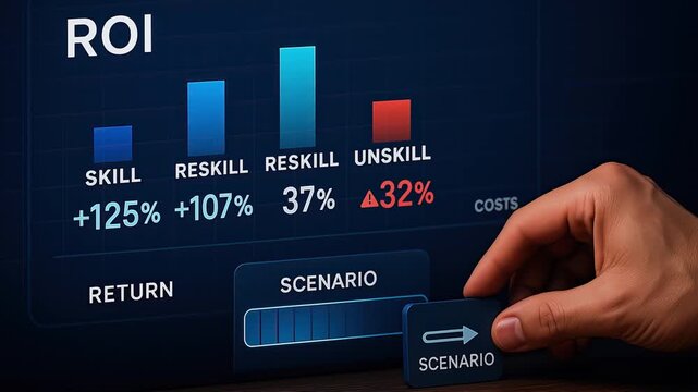 ROI skill reskill unskill return scenario with hand pressing button on digital screen showing percentage changes and return on investment chart for business growth concept