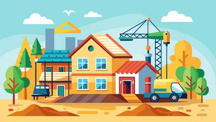 Fototapeta premium Vector art of house construction site with crane and truck in flat vector illustration