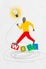 Artwork banner vertical photo collage of happy businessman run light bulb idea finding concept aim...