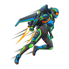 Jetpack Warrior in Flight: A dynamic illustration showcasing a futuristic warrior in a sleek jetpack suit soaring across the sky, evoking a sense of speed, innovation. © FARHANA