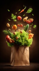 Fresh vegetables levitating above a paper bag studio shot healthy food concept vibrant colors dark background