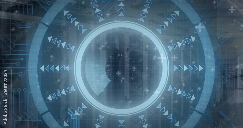 Aufkleber animation of data processing with hud on digital interface against server room