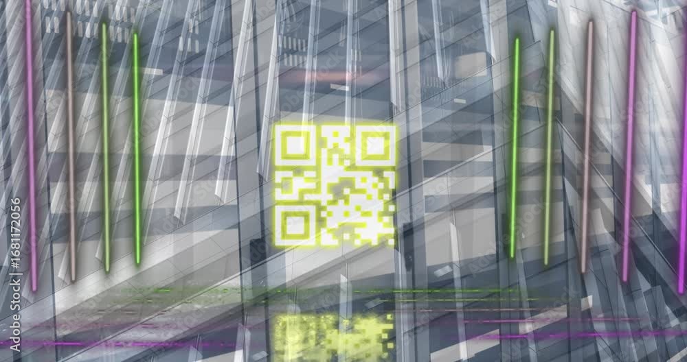 Poster animation of neon lines with qr code against office building
