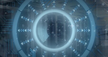 Animation of data processing with hud on digital interface against server room - Powered by Adobe