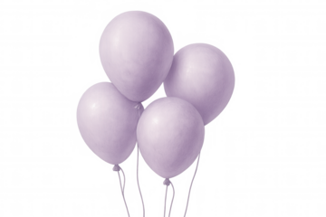 Purple balloons floating, tethered by strings against transparent backdrop, ideal for festive party embellishments