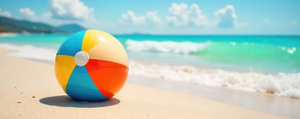 Obraz premium A brightly colored beach ball bounces on a sun-drenched sandy beach during a vibrant summer day, capturing the essence of carefree fun and summer vacation , yellow, activity
