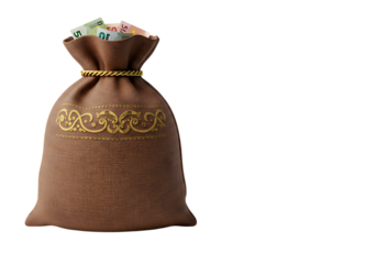 Brown Money Bag with Gold Accents isolated on transparent background