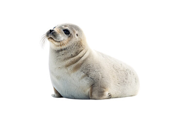 Adorable gray and white seal pup sitting upright with large dark eyes and whiskers, isolated on a transparent background