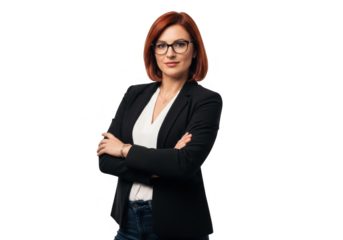Businesswoman with glasses and arms crossed, isolated on transparent background