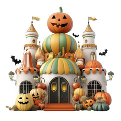 Whimsical Halloween Castle with Pumpkins and Festive Decorations transparent background