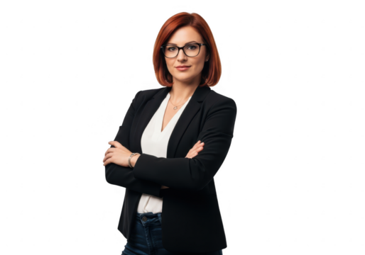 Businesswoman with glasses and arms crossed, isolated on transparent background - Powered by Adobe