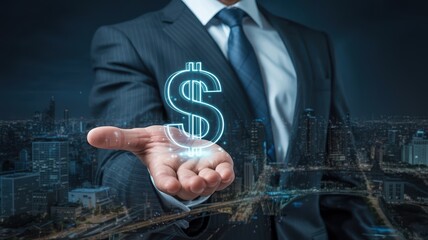 Businessman holds glowing dollar sign over cityscape, symbolizing financial prosperity and global business opportunities.