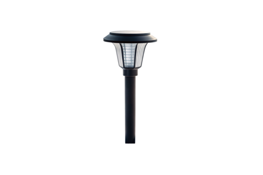 Black solar garden light with translucent shade and photovoltaic panel on top, isolated on a transparent background