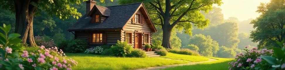 Fototapeta premium Charming Cozy Cottage in Lush Green Forest Idyllic Countryside Dream Home