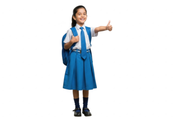 Young school girl with backpack giving thumbs up isolated on transparent background