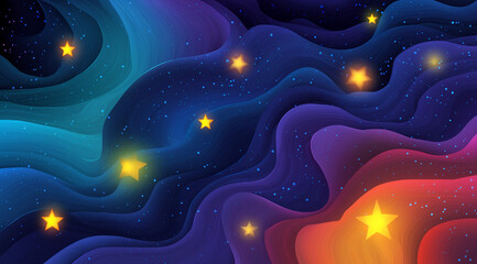 A beautiful background in vibrant blue and purple tones with painted stars. Bright wallpaper for children's themes with illustrations.