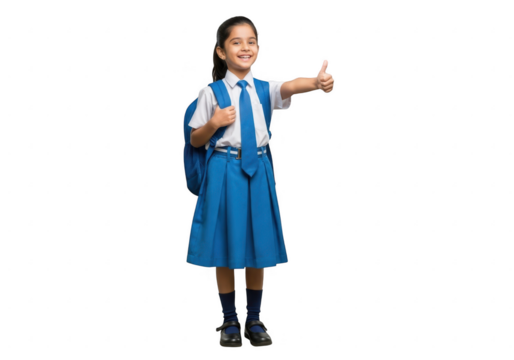 Young school girl with backpack giving thumbs up isolated on transparent background - Powered by Adobe