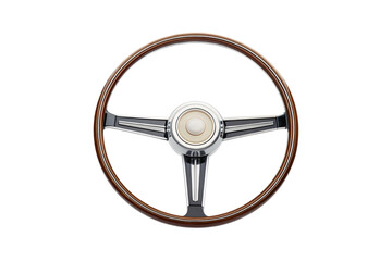 Obraz premium Classic three-spoke steering wheel with rich brown wood rim and polished chrome center hub, isolated on a transparent background