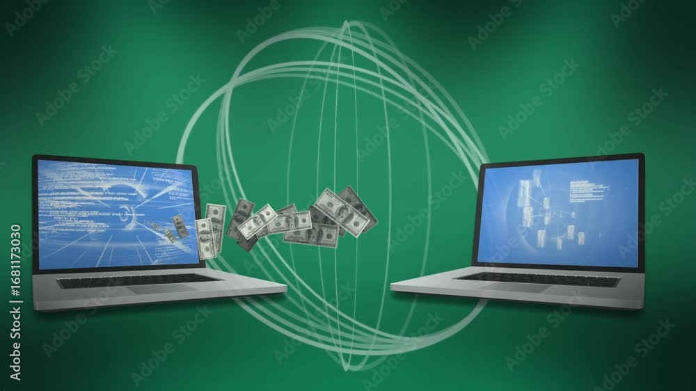 Poster animation of laptops with data and money transfer and circles on green background