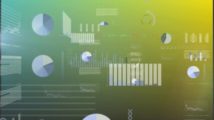 Animation of red rectangles forming circle against data, graphs, charts on digital interface - Powered by Adobe