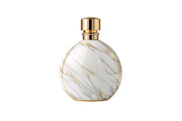 Luxurious round perfume bottle with white marble pattern and elegant gold metallic cap and trim, isolated on a transparent background