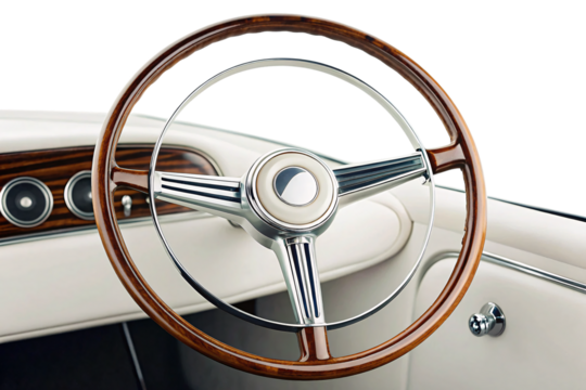 Elegant steering wheel mounted in luxury car interior with wood dashboard and cream leather upholstery, isolated on a transparent background