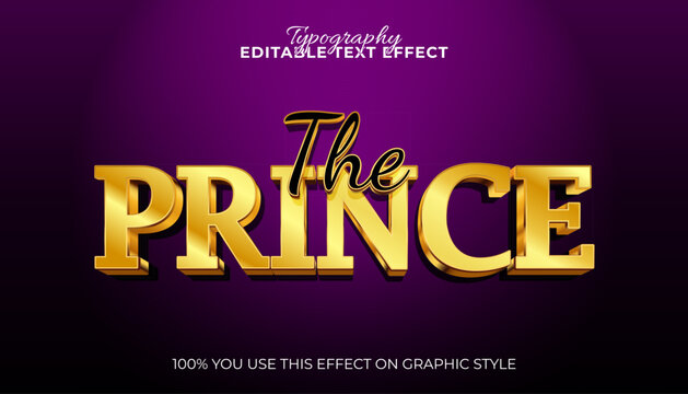 the prince typography with a shiny gold metal effect. Editable vector graphic style for creating luxurious and elegant text on a violet backdrop