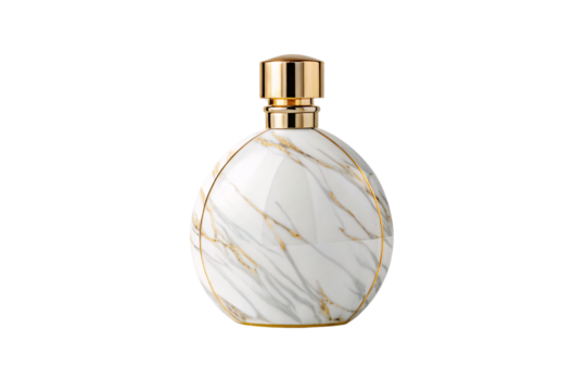 Luxurious round perfume bottle with white marble pattern and elegant gold metallic cap and trim, isolated on a transparent background
