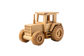 Obraz premium Wooden toy tractor with detailed wheels and cab, isolated on a transparent background