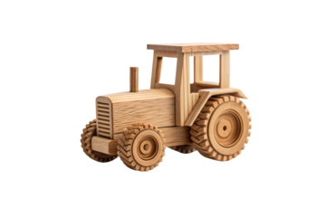 Natural wood toy tractor with intricate carved details, isolated on a transparent background