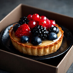 Exquisite fresh berry tart, topped with blueberries, raspberries, and redcurrants, presented in an elegant brown gift box.
