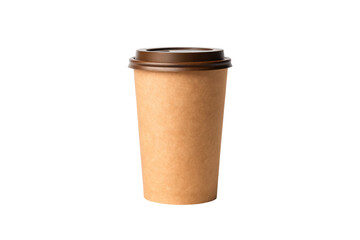 Brown disposable coffee cup with lid, isolated on a transparent background