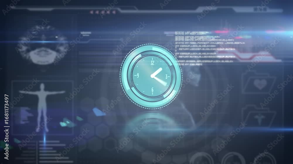 Poster animation of clock over data with body analysis processing on digital interface