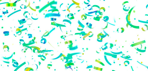 Bright teal and green confetti falling on white. Perfect for party invitations, celebrations, and festive designs.