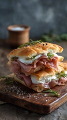Stacked focaccia sandwich with prosciutto and mozzarella on wood board rustic style food photography close up
