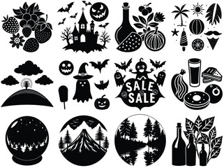 Vector art of collection of halloween and nature themed vector illustrations in black color