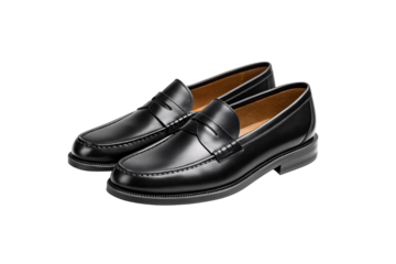 Black penny loafers with classic leather construction and decorative stitching, isolated on a transparent background