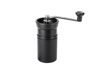Black portable coffee grinder with cylindrical design and crank handle, isolated on a transparent background