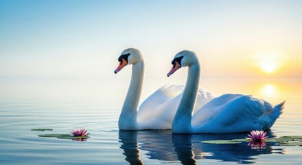 Obraz premium Graceful swans gliding on tranquil waters under soft sunrise glow
