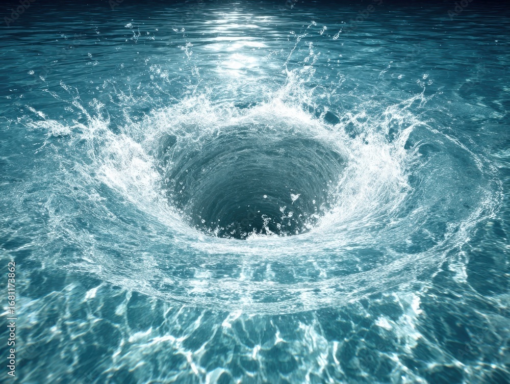 Poster water vortex formation with splashing action in a blue ocean under sunlight creating a swirling patt