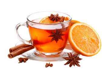 Hot mulled cider with orange and spices isolated on transparent background