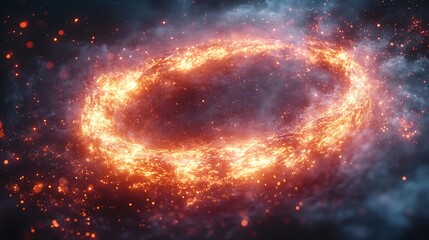Abstract glowing cosmic ring with fiery particles set against a dark nebulous photo