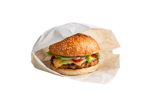 Classic beef burger with lettuce and cheese on sesame bun wrapped in white paper, isolated on a transparent background